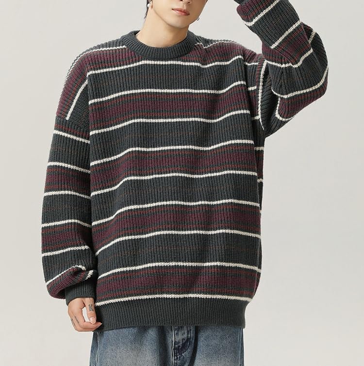 POHADON Mens Y2k Striped Sweater Vintage Aesthetic Grandpa Knitted Pullover Tops Long Sleeve Crewneck Women Grunge Clothes (b Purple,2XL) - Image 2