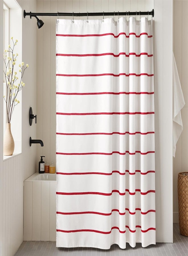 Treory Red and White Striped Shower Curtain Set with Hooks, Waterproof Fabric, Printed Hand-Drawn Stripe Design, Modern Farmhouse Bathroom Decor, 72" x 72" - Image 1