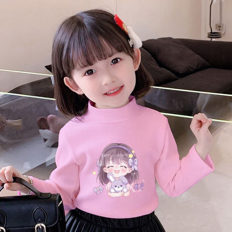 Girls' Semi-High Collar Velvet Casual Long-Sleeved T-Shirt Autumn New Arrival Medium And Large Children'S Wear Cartoon Printed Western Style Girls' T-Shirt - Image 1