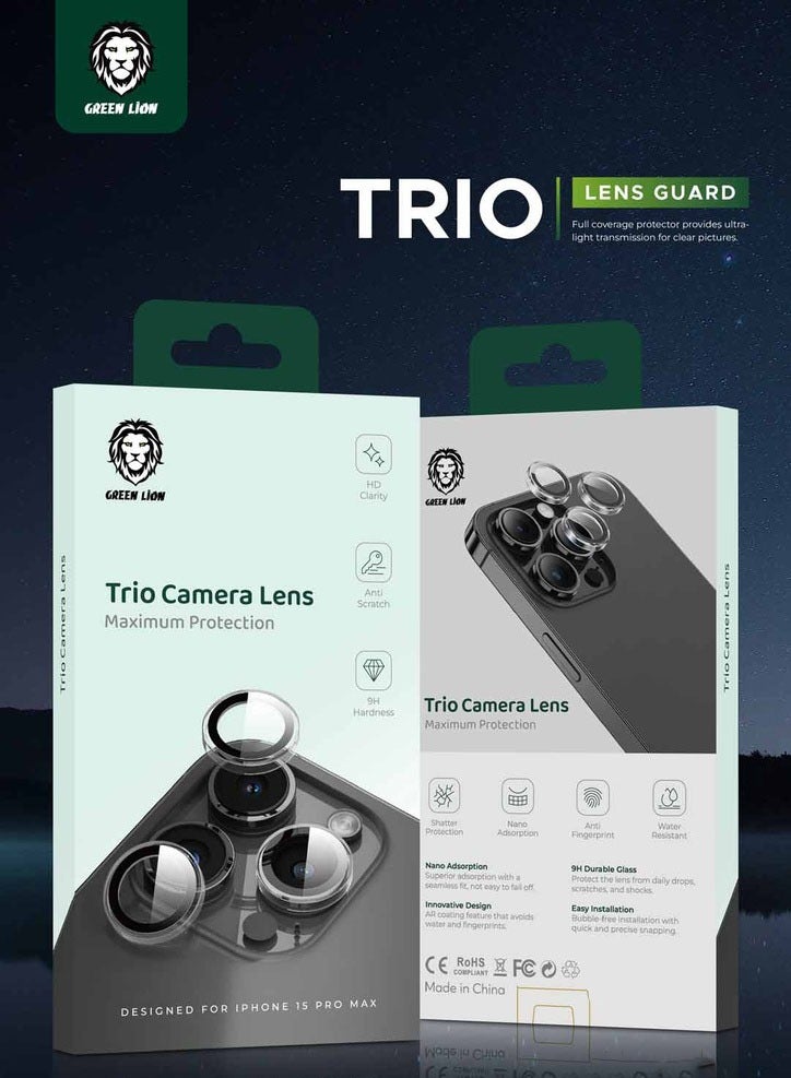 GREEN LION iPhone 15 Pro/15 Pro Max Trio Camera Lens / HD Clarity / Anti Scratch / 9H Hardness / Shatter Protection / Anti Fingerprint / Anti-Glare Coating / Nano Absorption / Water Resistant - Clear - Image 2