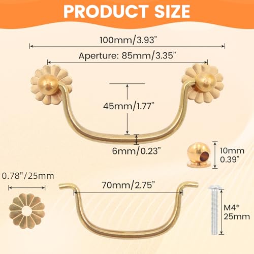 FarBoat 4Pcs Brass Flower Base Cabinet Bail Pulls Handles Antique Hardware for Drawer Closet Dresser Closet (Total Length 100mm/3.93") - Image 2