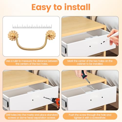 FarBoat 4Pcs Brass Flower Base Cabinet Bail Pulls Handles Antique Hardware for Drawer Closet Dresser Closet (Total Length 100mm/3.93") - Image 4