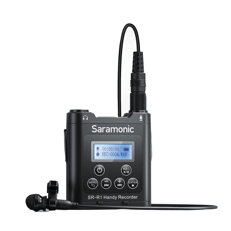 Saramonic SR-R1 Ultra-Compact Belt Pack Stereo Recorder with 3.5mm Microphone or Line-Level Input, Headphone Out, and Includes DK3A Premium Lavalier and Padded Pouch, Black - Image 1