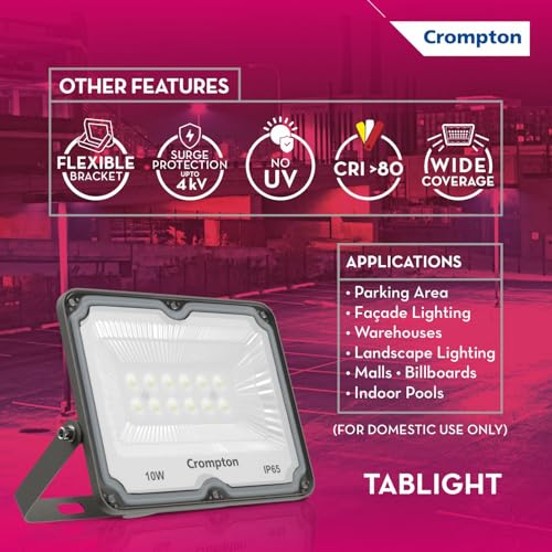 Crompton TabLight | Outdoor Waterproof LED Flood Lights | 10W | IP 65 | Cool White | Pack of 2 | Wide Beam Angle | BIS Approved | for Garage, Parking, Shops & Outdoor Lighting (2 Years Waranty) - Image 3