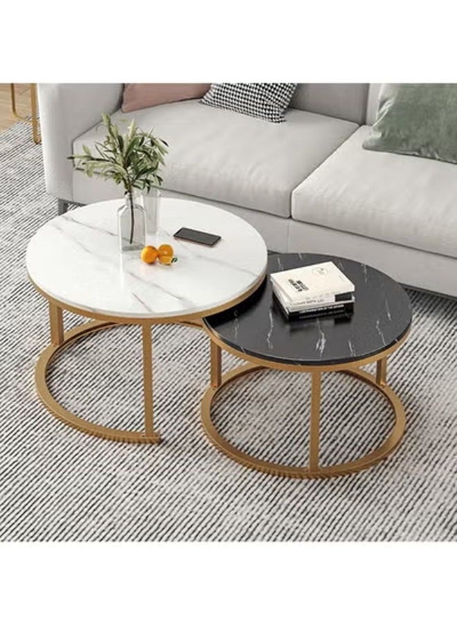 KLNAMAEAAN Modern Nesting Coffee Table Set – Round White & Black Faux Marble with Gold Metal Frame - Image 1