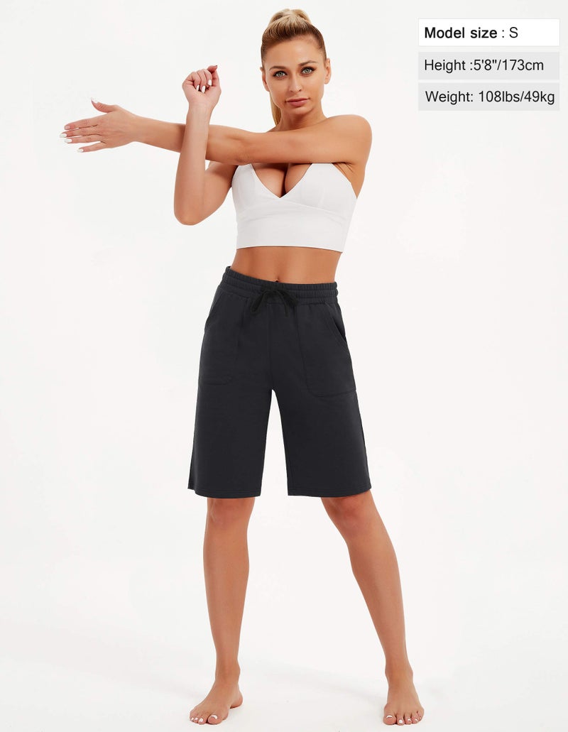 SPECIALMAGIC Women's Cotton Bermuda Shorts Athletic Lounge Yoga Shorts Walking Pajama Sweat Shorts with Pockets Black XL - Image 5