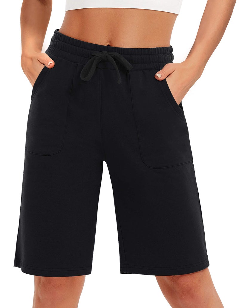 SPECIALMAGIC Women's Cotton Bermuda Shorts Athletic Lounge Yoga Shorts Walking Pajama Sweat Shorts with Pockets Black XL - Image 1