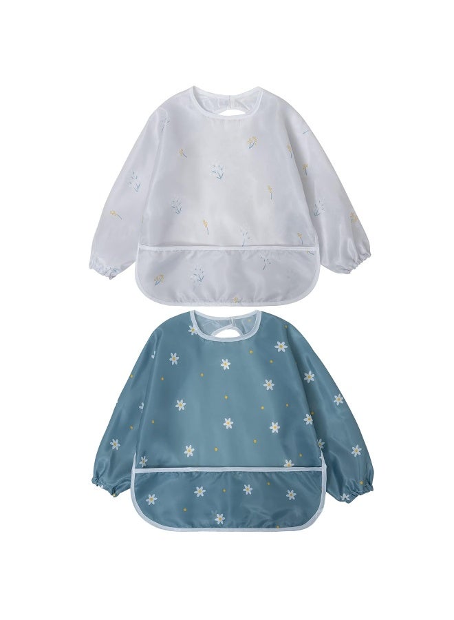 Little Dimsum Mess-Proof Baby Bibs|Infant Toddler Long Sleeve Waterproof Feeding Art Smock|Catching Food & Wipe Clean| Pack of 2 Colors Flower Sets - Image 1