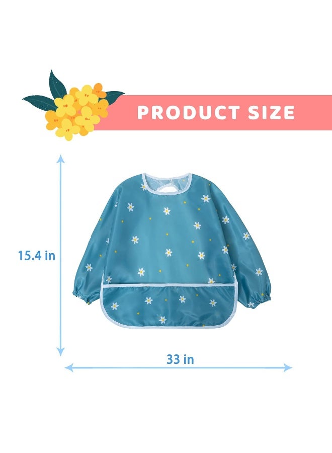 Little Dimsum Mess-Proof Baby Bibs|Infant Toddler Long Sleeve Waterproof Feeding Art Smock|Catching Food & Wipe Clean| Pack of 2 Colors Flower Sets - Image 5
