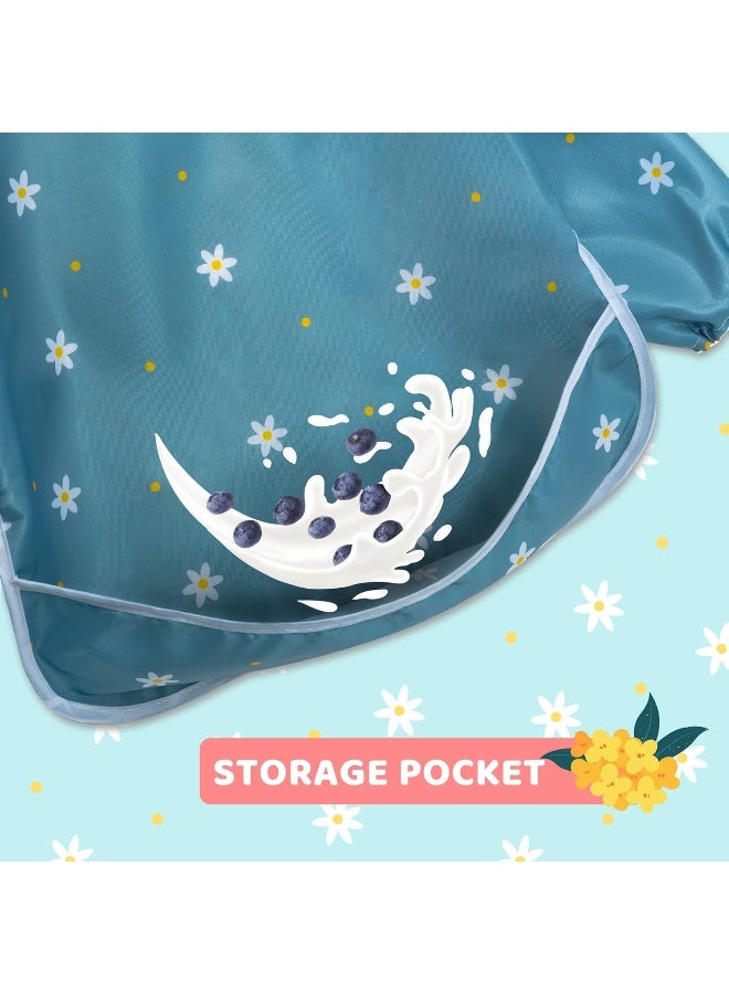 Little Dimsum Mess-Proof Baby Bibs|Infant Toddler Long Sleeve Waterproof Feeding Art Smock|Catching Food & Wipe Clean| Pack of 2 Colors Flower Sets - Image 3