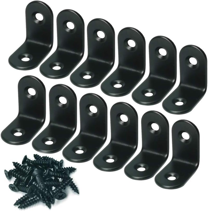 Alamic Corner Brace 25 x 25mm Stainless Steel Black Brace Corner Steel Joint Right Angle Bracket Fastener with Screws - 12 Pcs - Image 1