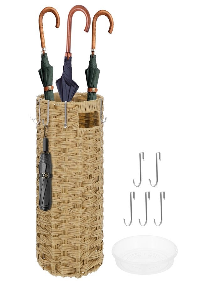 AIHSUMC Rattan Umbrella Stand for Entryway, Hand Woven Umbrella Holder Organizer with Detachable Drip Tray and 5 Stainless Steel Hooks, Freestanding Umbrella Rack for Home & Office, 8.6" L x 8.6" W x 17" H - Image 1
