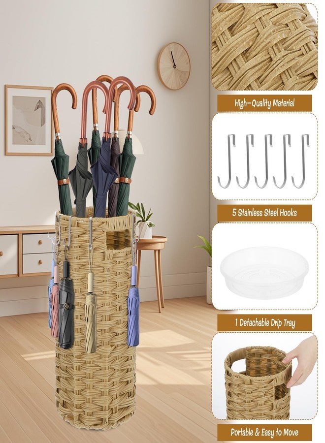 AIHSUMC Rattan Umbrella Stand for Entryway, Hand Woven Umbrella Holder Organizer with Detachable Drip Tray and 5 Stainless Steel Hooks, Freestanding Umbrella Rack for Home & Office, 8.6" L x 8.6" W x 17" H - Image 3