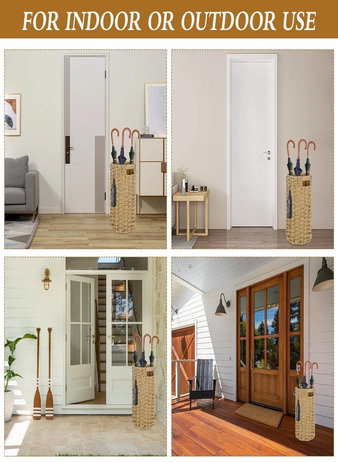 AIHSUMC Rattan Umbrella Stand for Entryway, Hand Woven Umbrella Holder Organizer with Detachable Drip Tray and 5 Stainless Steel Hooks, Freestanding Umbrella Rack for Home & Office, 8.6" L x 8.6" W x 17" H - Image 4