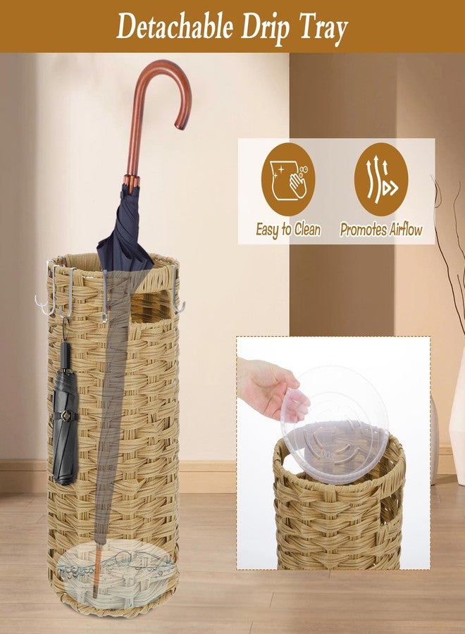 AIHSUMC Rattan Umbrella Stand for Entryway, Hand Woven Umbrella Holder Organizer with Detachable Drip Tray and 5 Stainless Steel Hooks, Freestanding Umbrella Rack for Home & Office, 8.6" L x 8.6" W x 17" H - Image 5