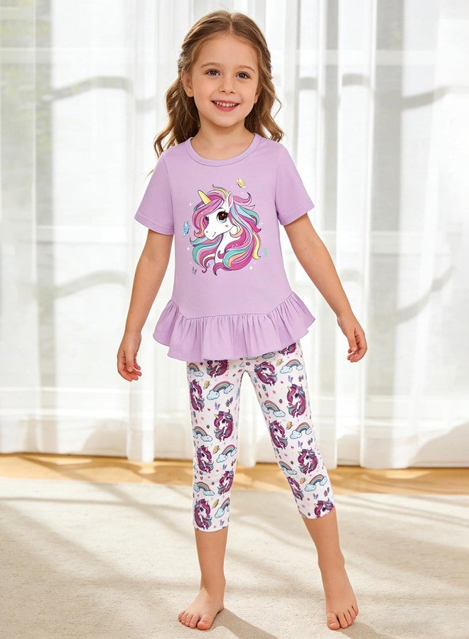 CARETOO Toddler Spring Clothes for Girls 4t 5t 2pcs Girls Summer Outfit Sets Adorable Unicorn Pattern Ruffle Hem Purple Short Sleeve Top and Floral Capri Pant 4-5t for Outdoor Adventures - Image 3