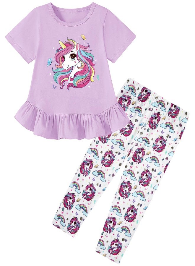 CARETOO Toddler Spring Clothes for Girls 4t 5t 2pcs Girls Summer Outfit Sets Adorable Unicorn Pattern Ruffle Hem Purple Short Sleeve Top and Floral Capri Pant 4-5t for Outdoor Adventures - Image 1