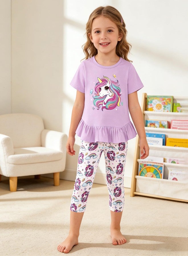 CARETOO Toddler Spring Clothes for Girls 4t 5t 2pcs Girls Summer Outfit Sets Adorable Unicorn Pattern Ruffle Hem Purple Short Sleeve Top and Floral Capri Pant 4-5t for Outdoor Adventures - Image 2