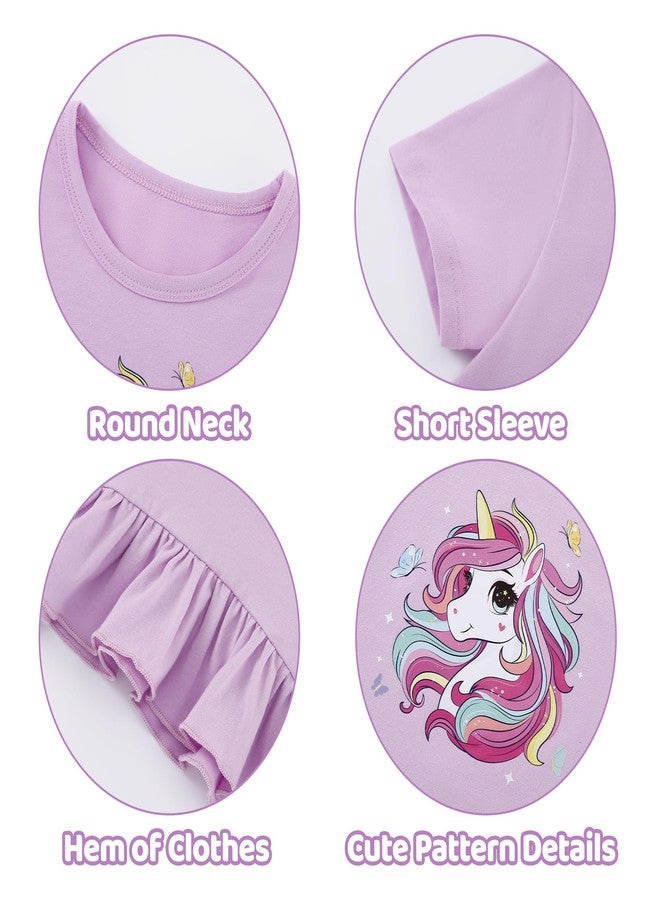 CARETOO Toddler Spring Clothes for Girls 4t 5t 2pcs Girls Summer Outfit Sets Adorable Unicorn Pattern Ruffle Hem Purple Short Sleeve Top and Floral Capri Pant 4-5t for Outdoor Adventures - Image 5