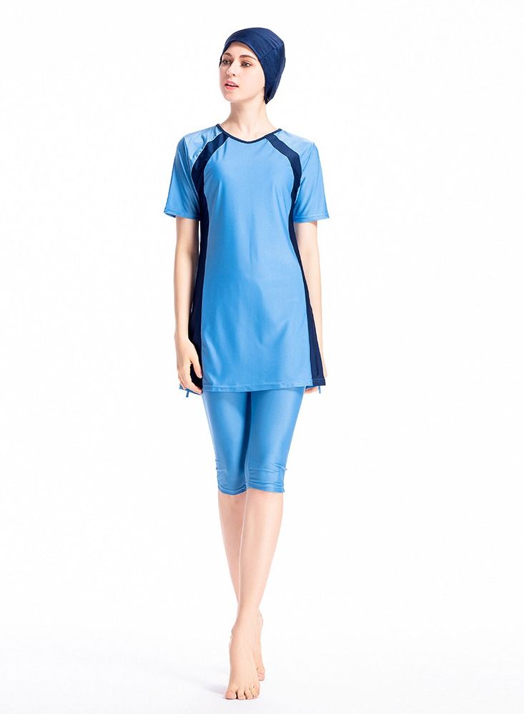 Loquat 3 Piece Middle East Color Matching Conservative Hui Swimsuit Sun Cropped Pants Short Sleeve Bikini Blue - Image 1