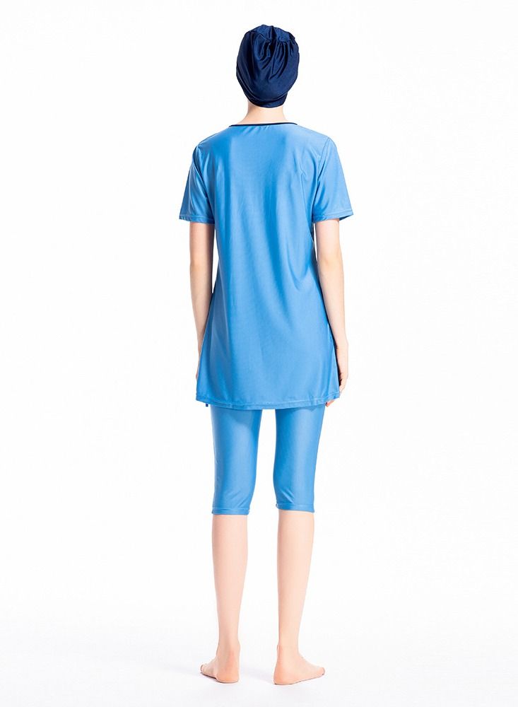 Loquat 3 Piece Middle East Color Matching Conservative Hui Swimsuit Sun Cropped Pants Short Sleeve Bikini Blue - Image 3