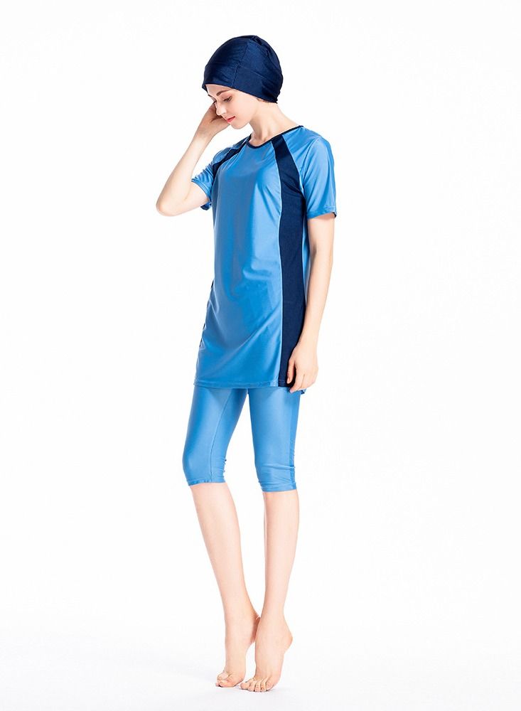 Loquat 3 Piece Middle East Color Matching Conservative Hui Swimsuit Sun Cropped Pants Short Sleeve Bikini Blue - Image 2