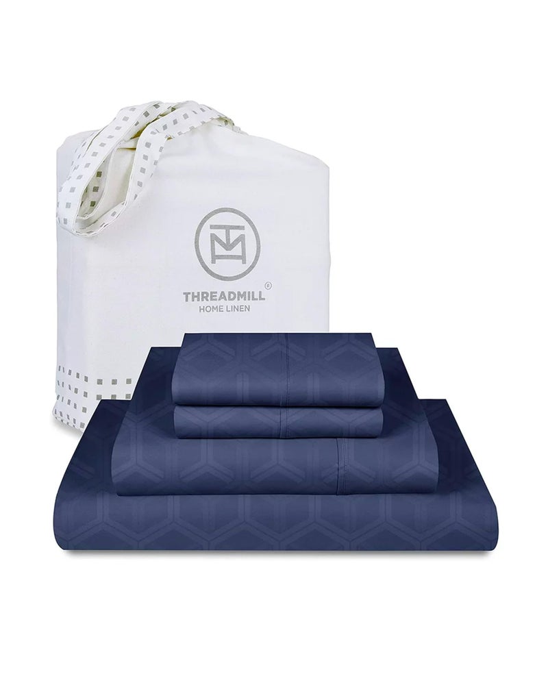 Threadmill 100 Cotton Sheets for King Size Bed  600 Thread Count King Bed Sheets Set with 16 Deep Pocket  Jacquard Sateen Weave 4Piece Bedding Set with Cooling Effect Folkstone Blue