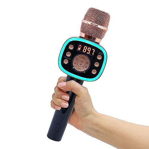 Singing Machine Carpool Karaoke Machine for Kids Adults Carpool Karaoke The Mic 20 Wireless Bluetooth Karaoke Microphone with Voice Changing Sound Effects as White Elephant Gift Rose Gold - Image 1