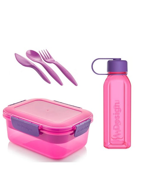 طقم لانش بوكس 1.6 + زجاجة 650 مل + طقم طعام 3 ق - روز