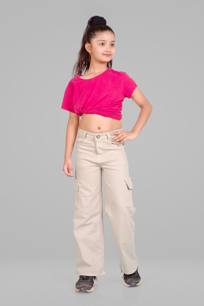 ADBUCKS Stretchable High Rise Cargo Style Straight Fit Jeans for Girls (in, Age, 9 Years, 10 Years, Beige) - Image 4