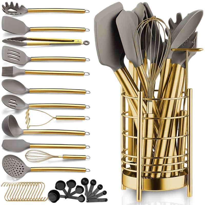 Gold Kitchen Utensils Set Berglander 38 Pieces Nonstick Silicone Cooking Tools Spoon Spatula Set With Sturdy Stainless Steel Utensil Holder Dishwasher Safe