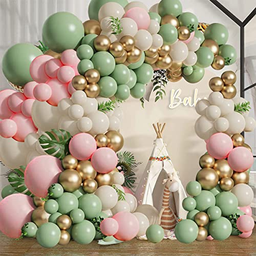 Zesliwy Sage Green Pink Balloons Garland Kit,133pcs Olive Green Blush Pink Sand White Metallic Gold Balloons for Bridal Shower Wedding Birthday Jungle Safari Woodland Party Decorations… - Image 4