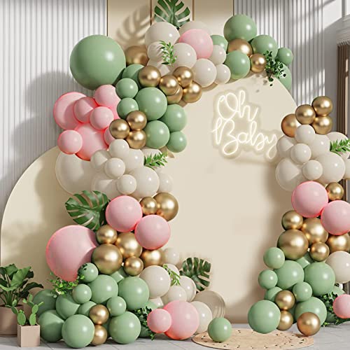 Zesliwy Sage Green Pink Balloons Garland Kit,133pcs Olive Green Blush Pink Sand White Metallic Gold Balloons for Bridal Shower Wedding Birthday Jungle Safari Woodland Party Decorations… - Image 1