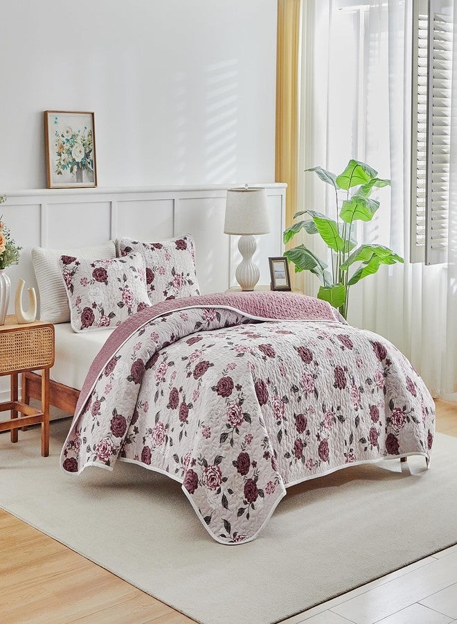 Shxime Floral Quilt Set 3 Pieces Queen Size Pink with Purple Rose Botanical Spring Flower Quilt Bedding Set, Microfiber Lightweight Bedspread, Coverlet Set for All Seasons - Image 3