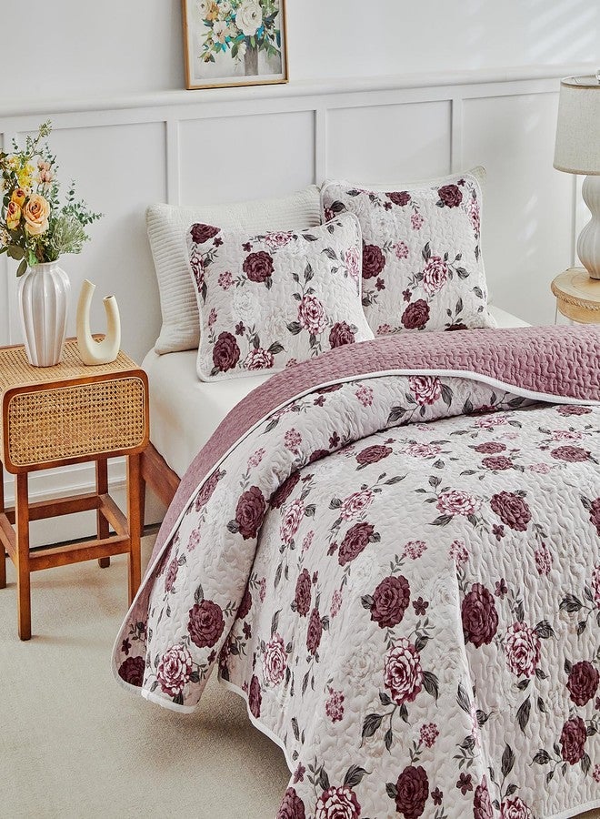 Shxime Floral Quilt Set 3 Pieces Queen Size Pink with Purple Rose Botanical Spring Flower Quilt Bedding Set, Microfiber Lightweight Bedspread, Coverlet Set for All Seasons - Image 5