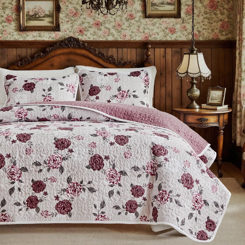 Shxime Floral Quilt Set 3 Pieces Queen Size Pink with Purple Rose Botanical Spring Flower Quilt Bedding Set, Microfiber Lightweight Bedspread, Coverlet Set for All Seasons - Image 1