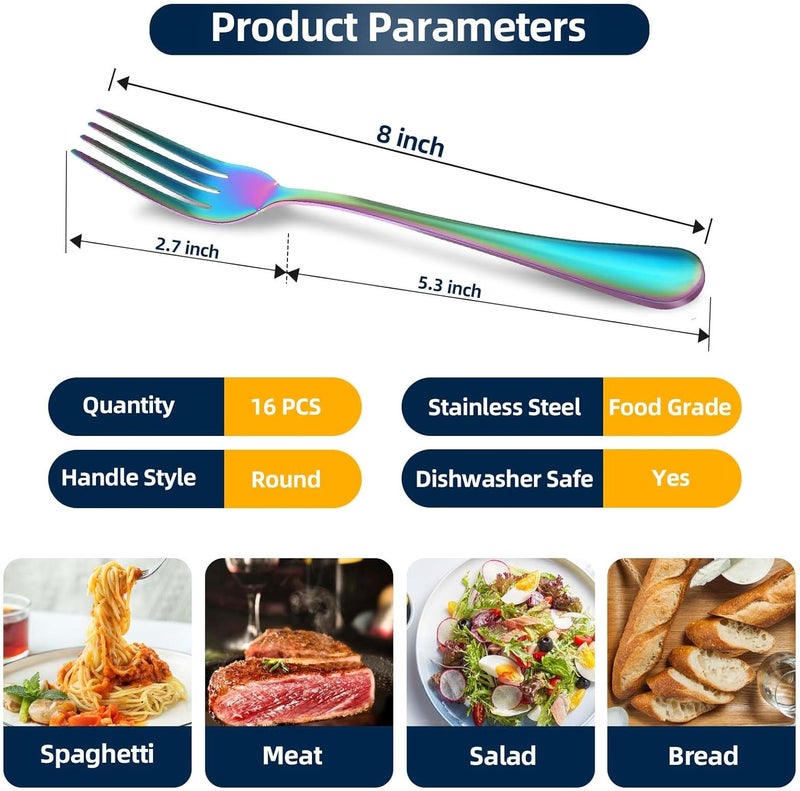 ITITT 16 Piece Dinner Forks 8 Inch Top Food Grade ExtraFine Stainless Steel Silverware Forks For Home Kitchen Restaurant Dishwasher SafeRainbow - Image 2