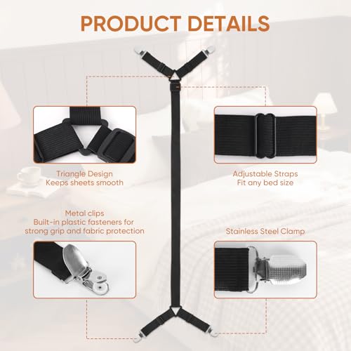LKbeuuu Bed Sheet Holder Straps, 2Pcs Elastic Adjustable Bed Sheet Grippers,Fitted Sheet Holder Keep Sheets in Place, Enhance Sleep Experience, Black - Image 3