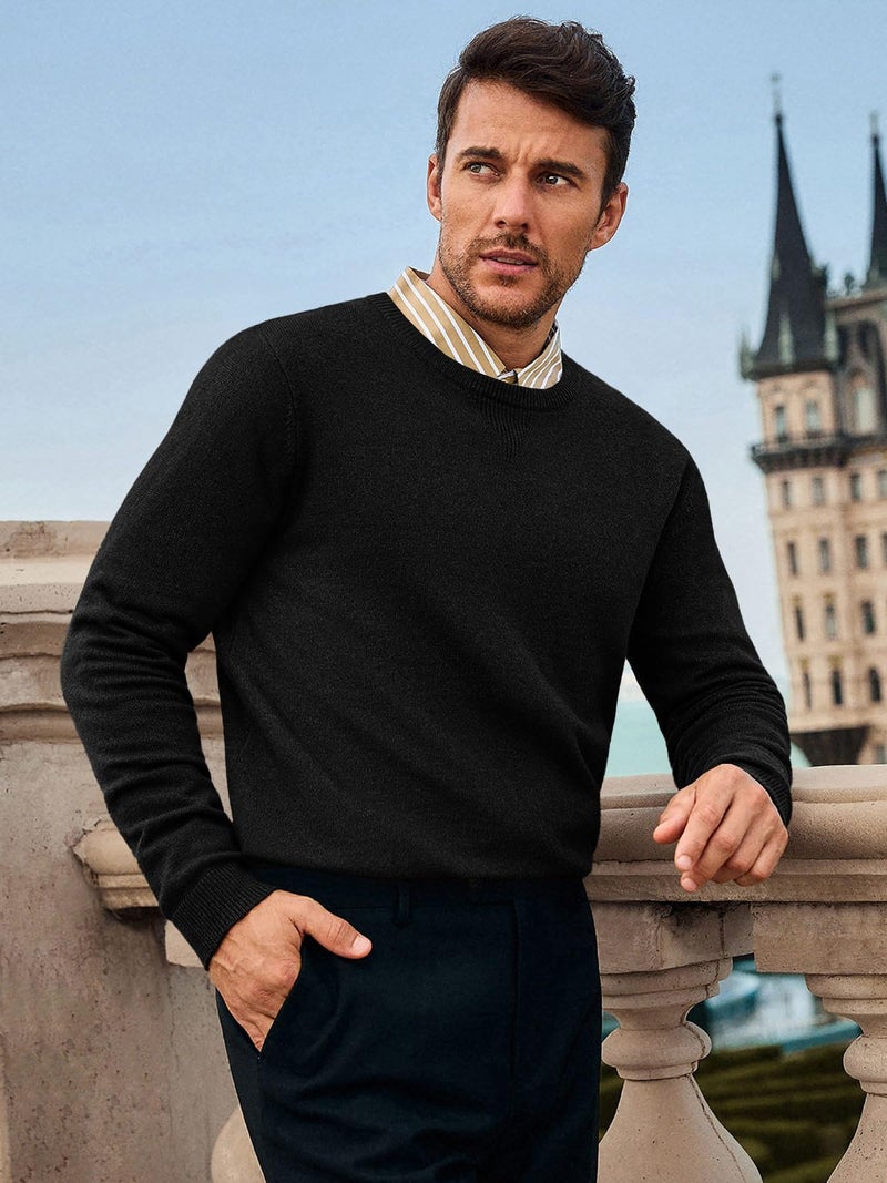 Runcati Mens Crewneck Sweaters Casual Knit Lightweight Dress Sweater Long Sleeve Slim Fit Fall Winter Pullover Black - Image 2