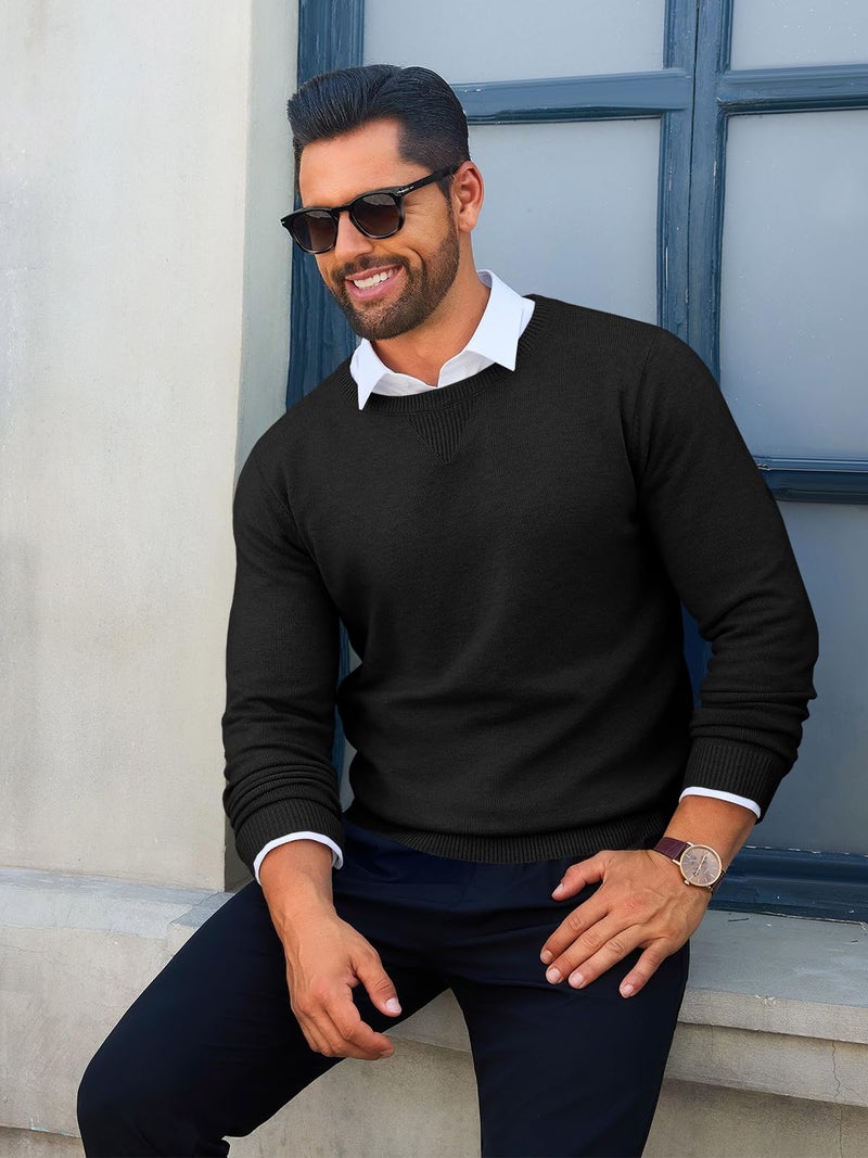 Runcati Mens Crewneck Sweaters Casual Knit Lightweight Dress Sweater Long Sleeve Slim Fit Fall Winter Pullover Black - Image 3
