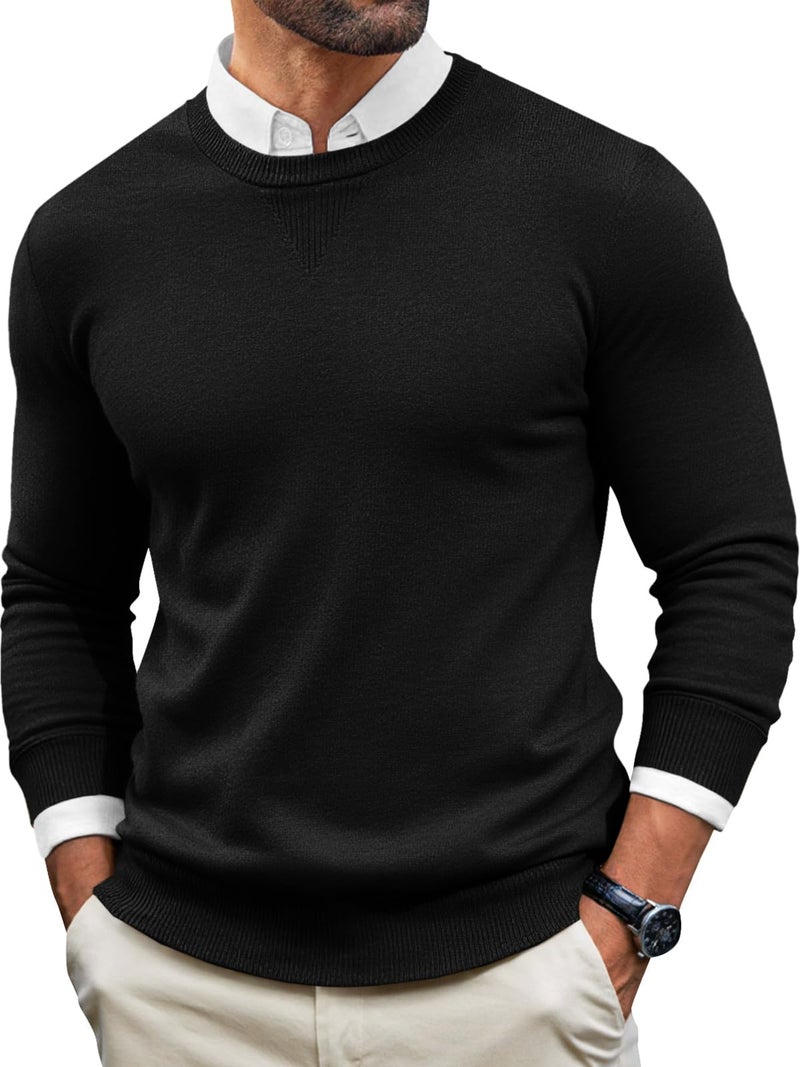 Runcati Mens Crewneck Sweaters Casual Knit Lightweight Dress Sweater Long Sleeve Slim Fit Fall Winter Pullover Black - Image 1