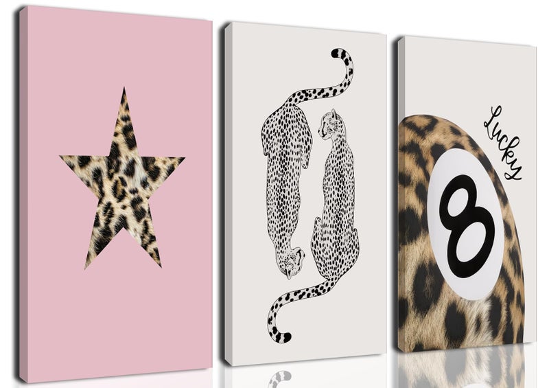 Hwetui Trendy Leopard Canvas Wall Art Set of 3 Funky Lucky 8 Ball Posters Prints Preppy Room Aesthetic Painting Cheetah Wall Decor Pictures for Girls Bedroom Apartment Dorm 12x16 Inch Framed - Image 2