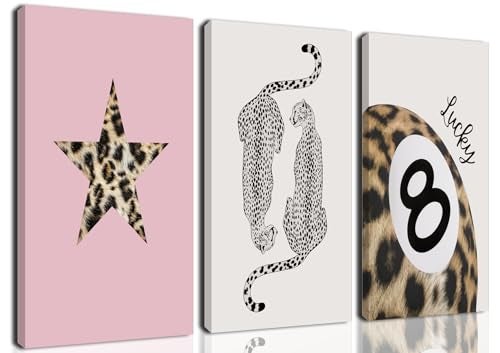 Hwetui Trendy Leopard Canvas Wall Art Set of 3 Funky Lucky 8 Ball Posters Prints Preppy Room Aesthetic Painting Cheetah Wall Decor Pictures for Girls Bedroom Apartment Dorm 12x16 Inch Framed - Image 1