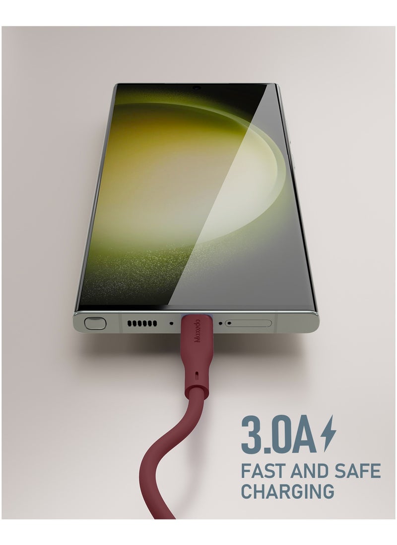 Moxedo Moxedo CavoX Pro USB-A to USB-C Silicone Cable 3.0A Fast Charge and Data Sync Compatible for Galaxy S21/ S20/ S10/ Note 10/9/ A51/ A11/ Switch/ Pixel/ LG & more (Maroon 1.2m)  - Image 2