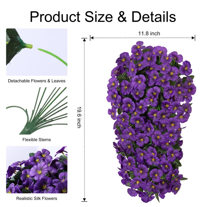 HyeFlora Artificial Flowers for Outdoors, 2pcs Faux Silk Pansies Flowers UV Resistant Fake Hanging Flower Plants for Outside Planters Porch Yard Patio Window Box (Dark Purple) - Image 3