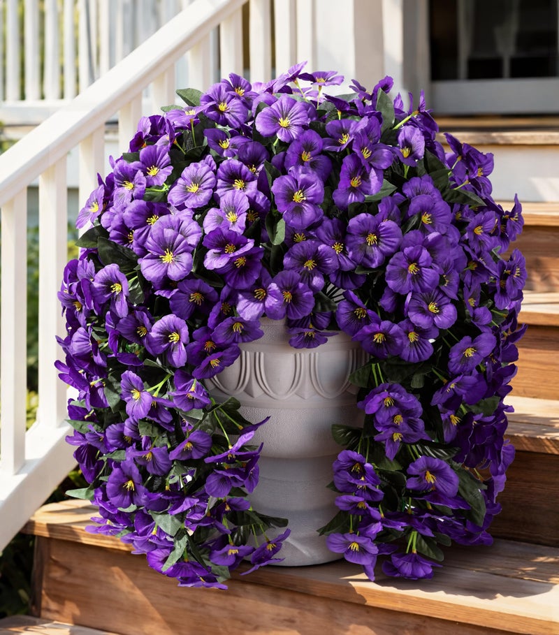 HyeFlora Artificial Flowers for Outdoors, 2pcs Faux Silk Pansies Flowers UV Resistant Fake Hanging Flower Plants for Outside Planters Porch Yard Patio Window Box (Dark Purple) - Image 1