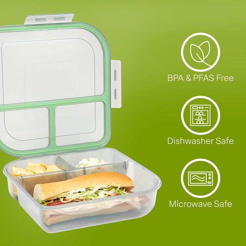 MyGo Container Large To-Go 3-Compartment Food Container  9-3/8"" X 9-3/8"" X 2-1/2""  Reusable  Microwave Safe  NSF Certified  Smoke/Green - Image 3