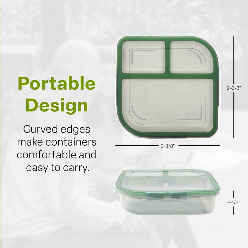MyGo Container Large To-Go 3-Compartment Food Container  9-3/8"" X 9-3/8"" X 2-1/2""  Reusable  Microwave Safe  NSF Certified  Smoke/Green - Image 1