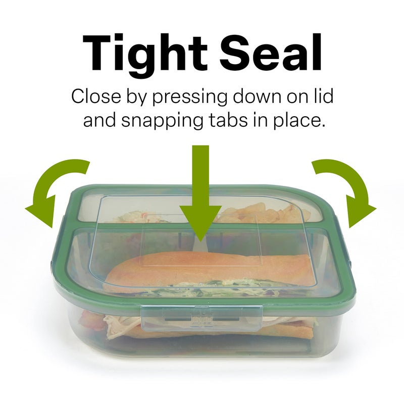 MyGo Container Large To-Go 3-Compartment Food Container  9-3/8"" X 9-3/8"" X 2-1/2""  Reusable  Microwave Safe  NSF Certified  Smoke/Green - Image 2
