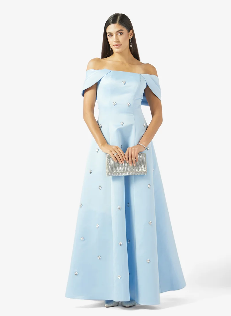 Akadia Fashion  OFF SHOULDER EMBELLISHED A LINE SATIN DRESS for Women | Best Price UAE